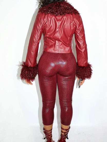 Faux Fur Trim Leather Jacket & Croc-Embossed Pants