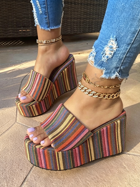 Rainbow Striped Platform Wedge Sandals