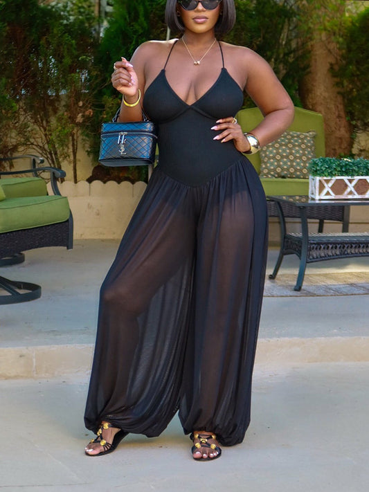 Criss-Cross Back Sheer Jumpsuit