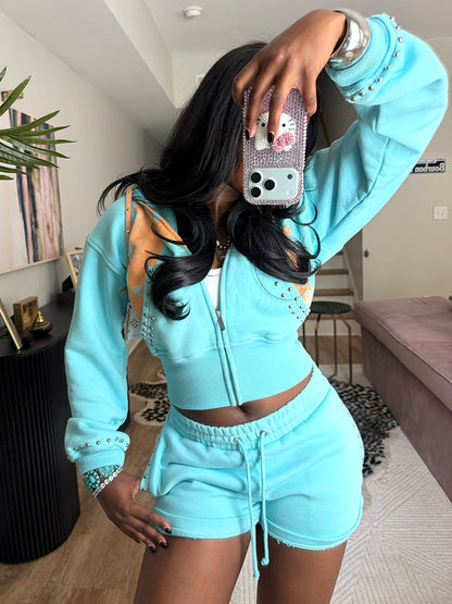 Studded Hoodie Jacket & Shorts Set