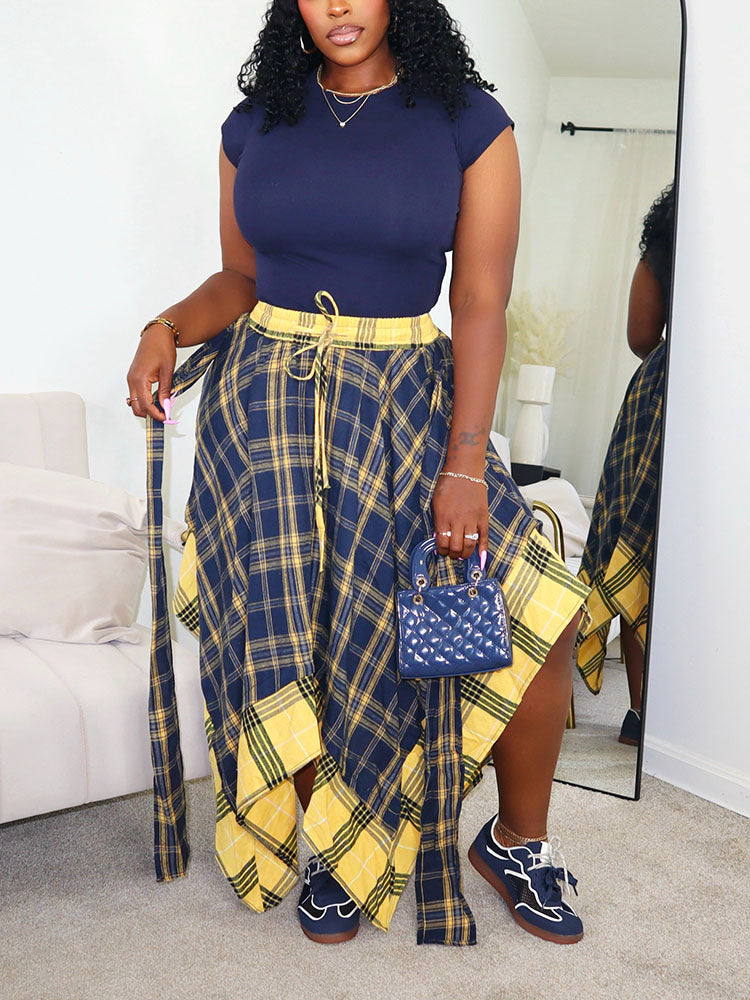 Contrast Plaid Asymmetric Skirt