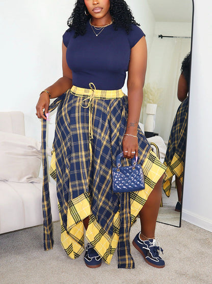 Contrast Plaid Asymmetric Skirt