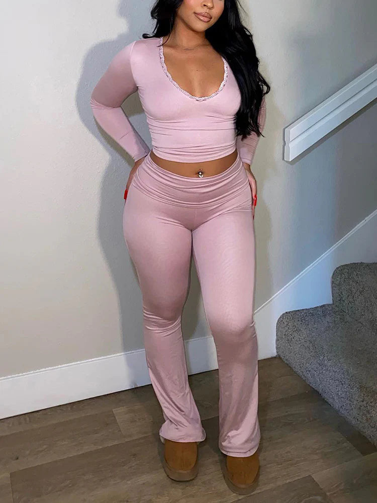 Contrast Lace Crop Top & Flare Pants Lounge Set