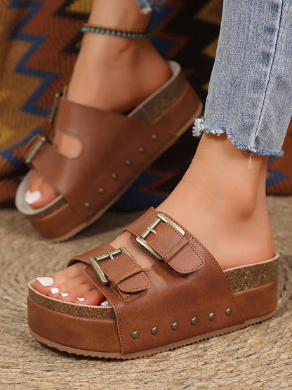 Double Buckle Strap Platform Sandals - ECHOINE