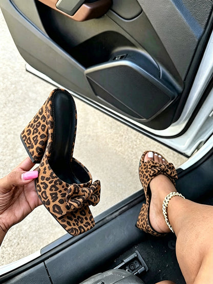 Leopard Print Bow Block Heel Sandals