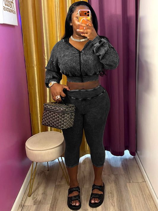 Acid Wash Cropped Jacket & Capri Leggings Set