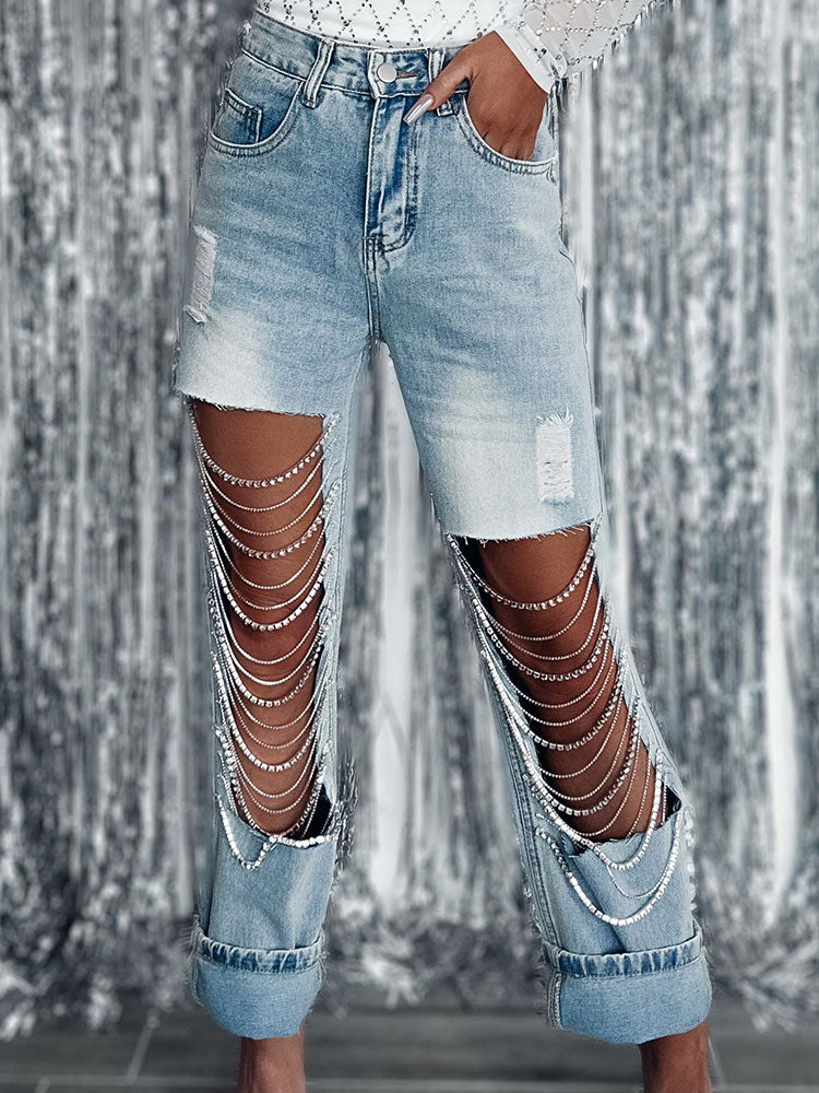 Rhinestone Chain Jeans - ECHOINE