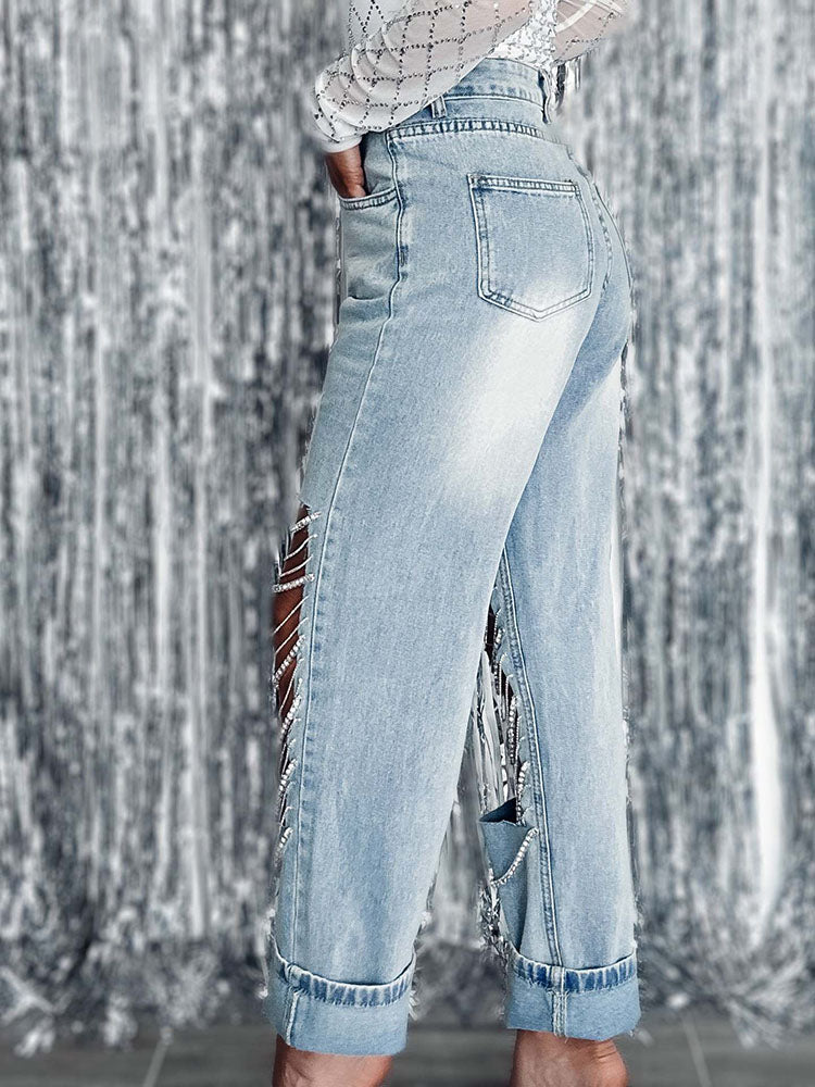 Rhinestone Chain Jeans - ECHOINE