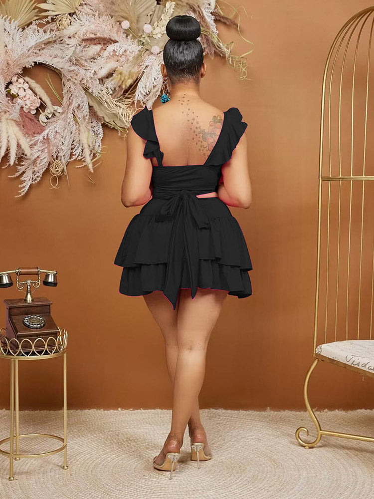 Tie Back Crop Top Ruffle Skirt Set - ECHOINE