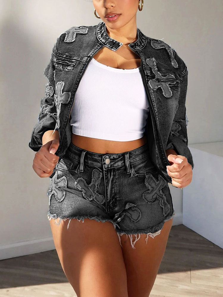 Cross Denim Jacket Shorts Set - ECHOINE