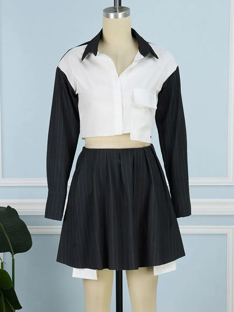 Striped Shirt Pleated Skirt Set - ECHOINE