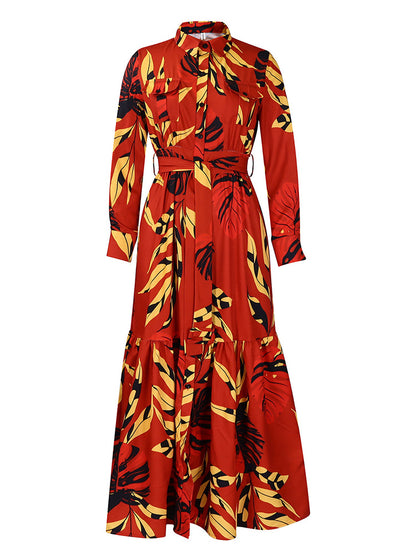 Leaf Print Ruffle Hem Dress - ECHOINE