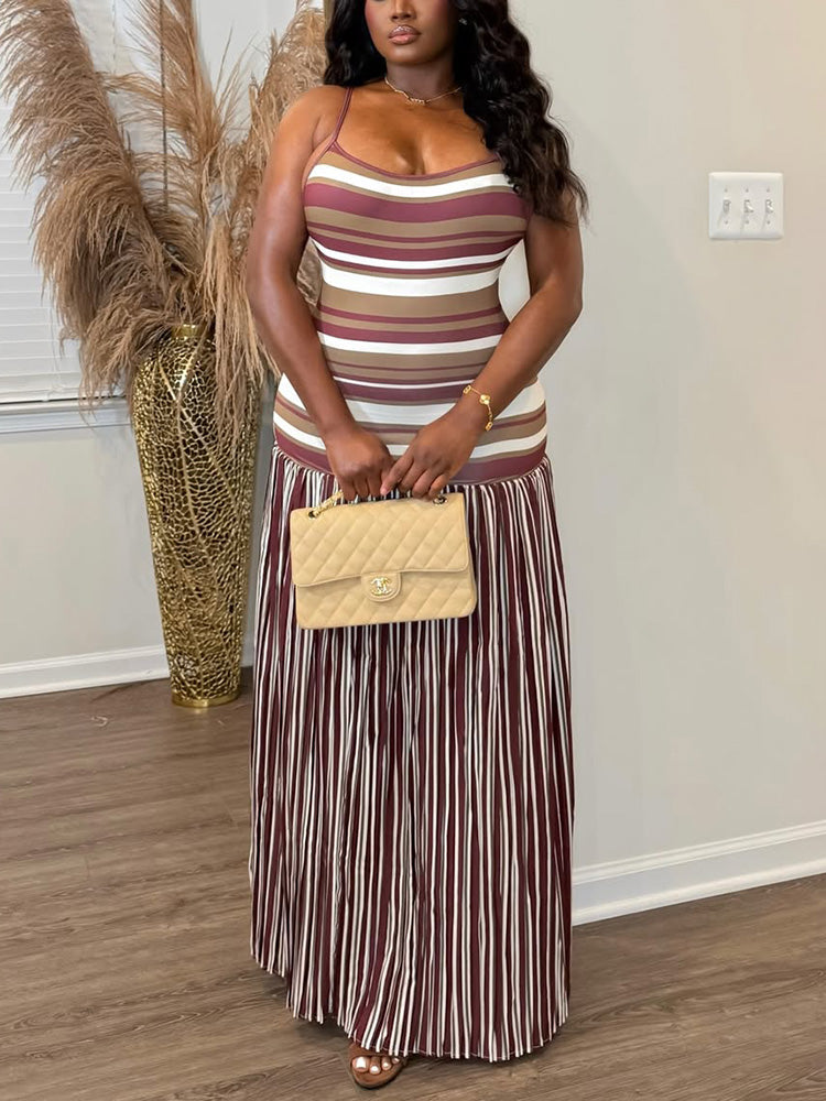 Striped Contrast Pleated Maxi Dress
