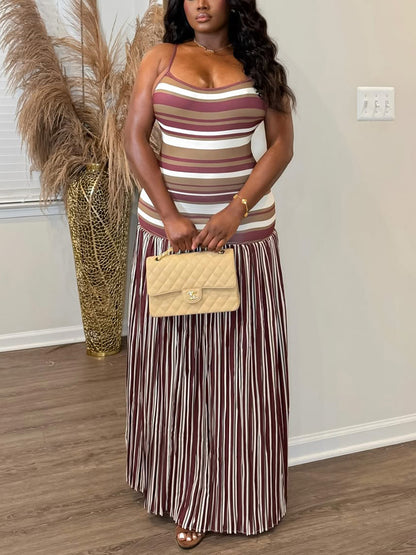 Striped Contrast Pleated Maxi Dress