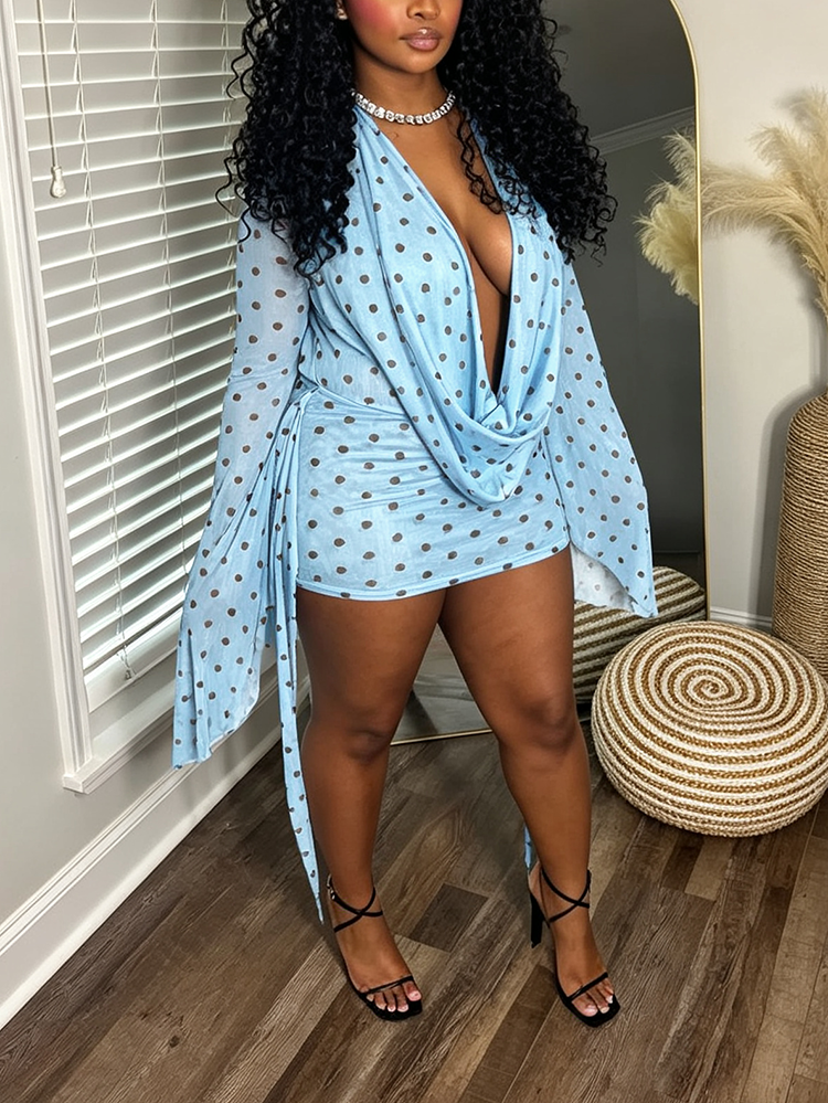 Polka Dot Mesh Plunge Mini Dress