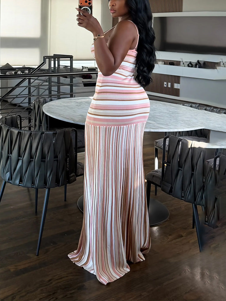 Striped Contrast Pleated Maxi Dress