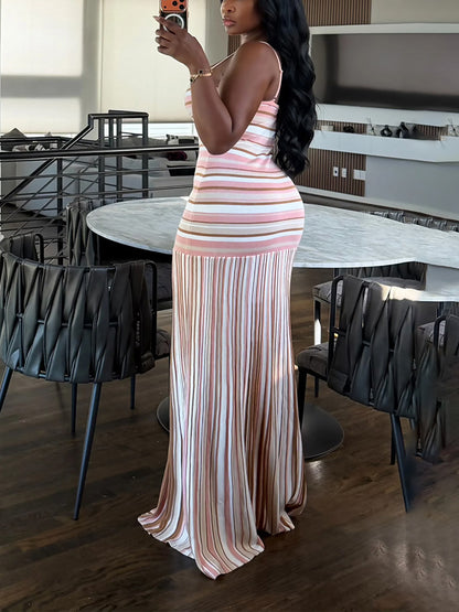 Striped Contrast Pleated Maxi Dress