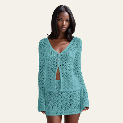 Crochet Knit Top Skirt Set