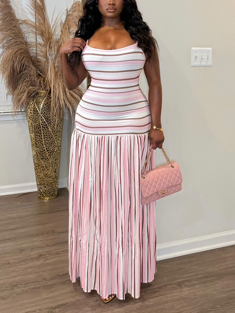 Striped Contrast Pleated Maxi Dress