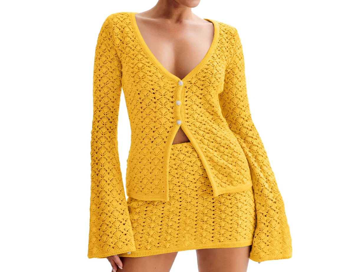 Crochet Knit Top Skirt Set