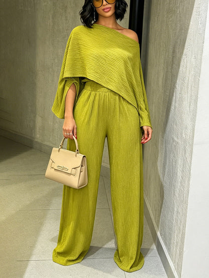 Plissé Asymmetric Top & Wide Pants Set