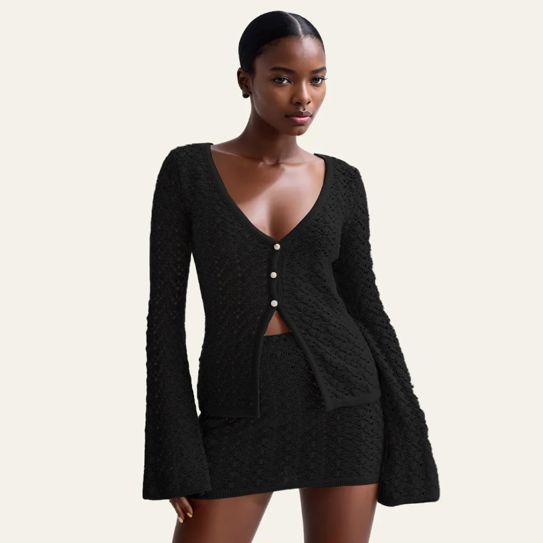 Crochet Knit Top Skirt Set