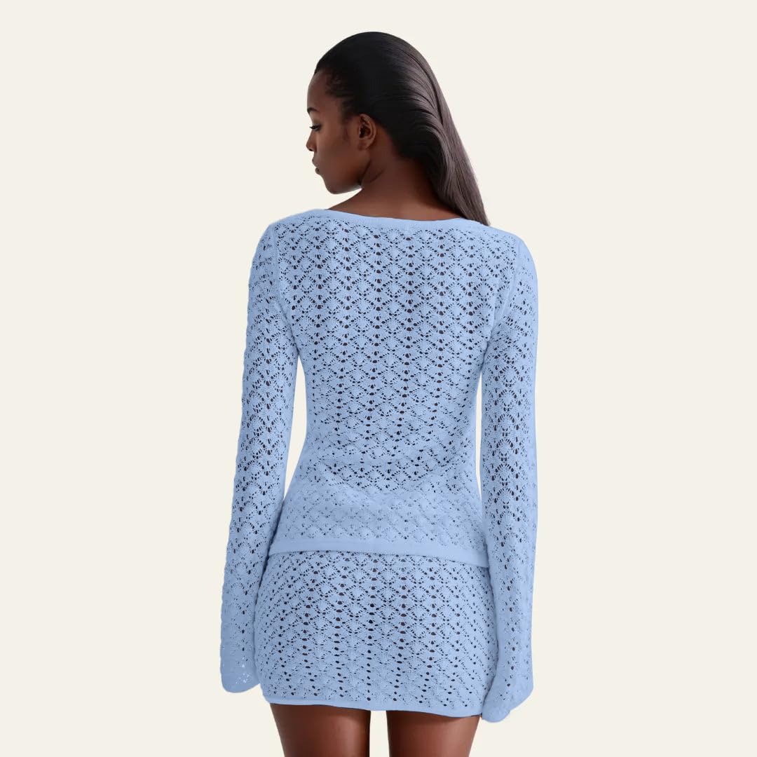 Crochet Knit Top Skirt Set