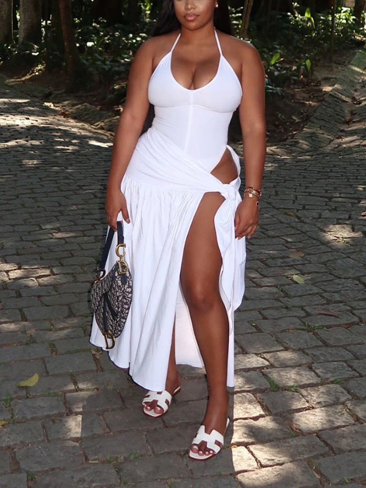 Beach Halter Bodysuit & Wrap Tie Skirt Set