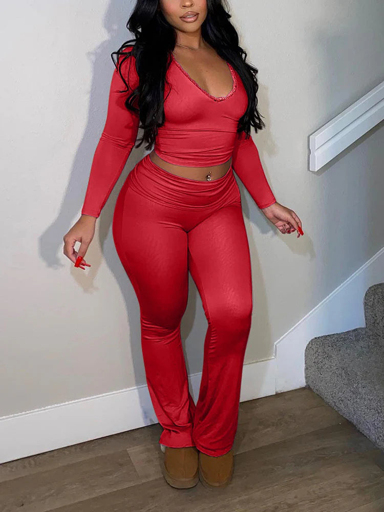 Contrast Lace Crop Top & Flare Pants Lounge Set