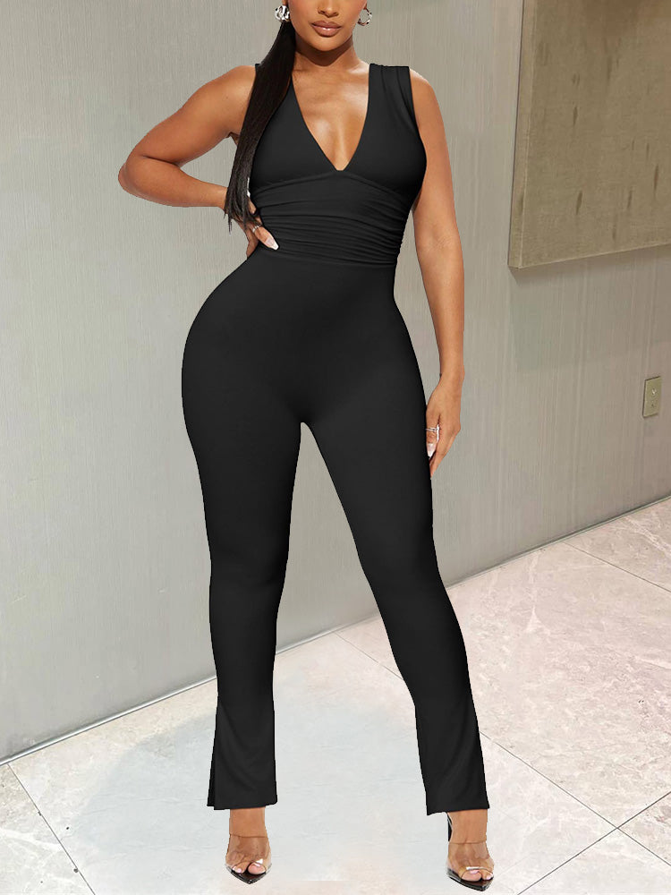 V Neck Ruched Bodycon Jumpsuit - ECHOINE