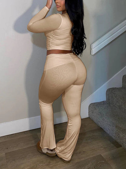 Contrast Lace Crop Top & Flare Pants Lounge Set