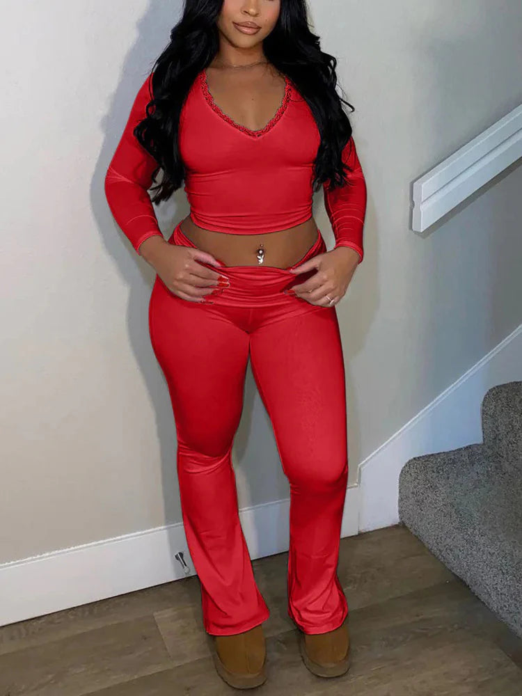 Contrast Lace Crop Top & Flare Pants Lounge Set