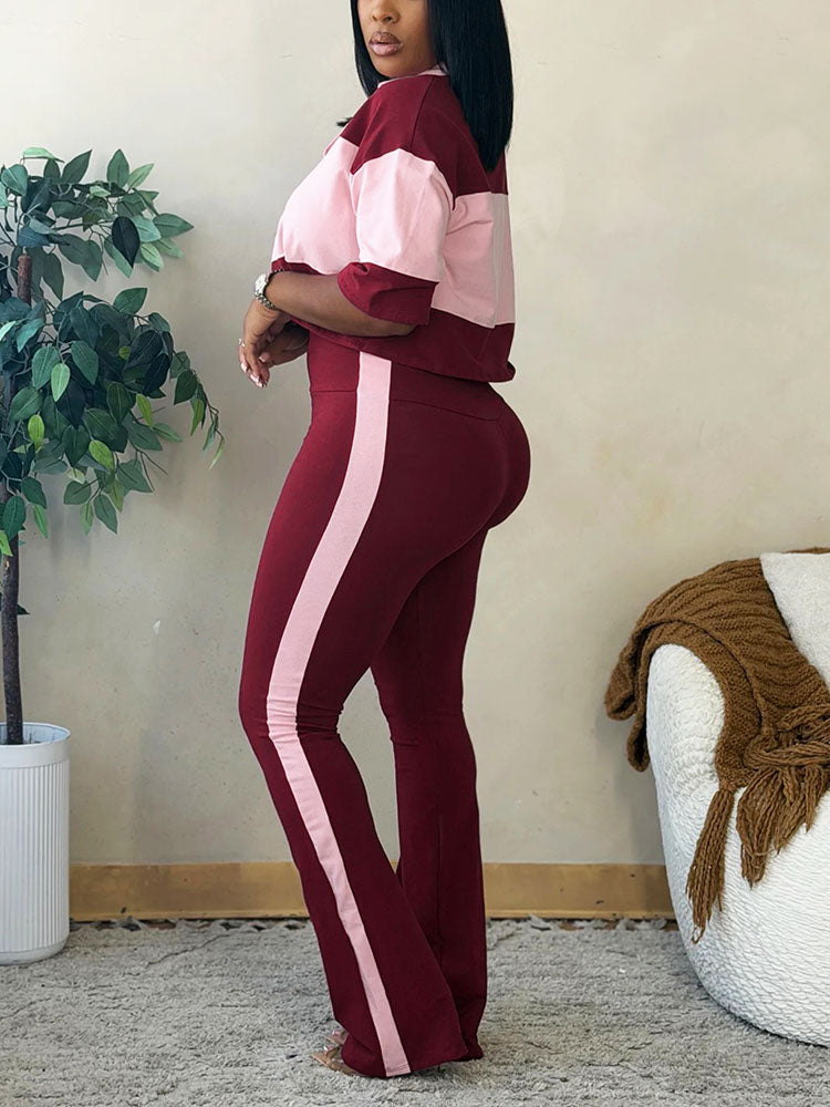 Colorblock Cropped Polo Top & Flare Leggings Set