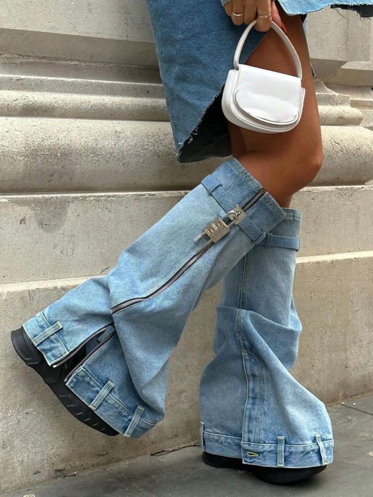 Denim Wedge Heel Boots