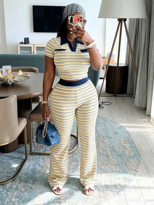 Stripe Ribbed Polo & Pants Set