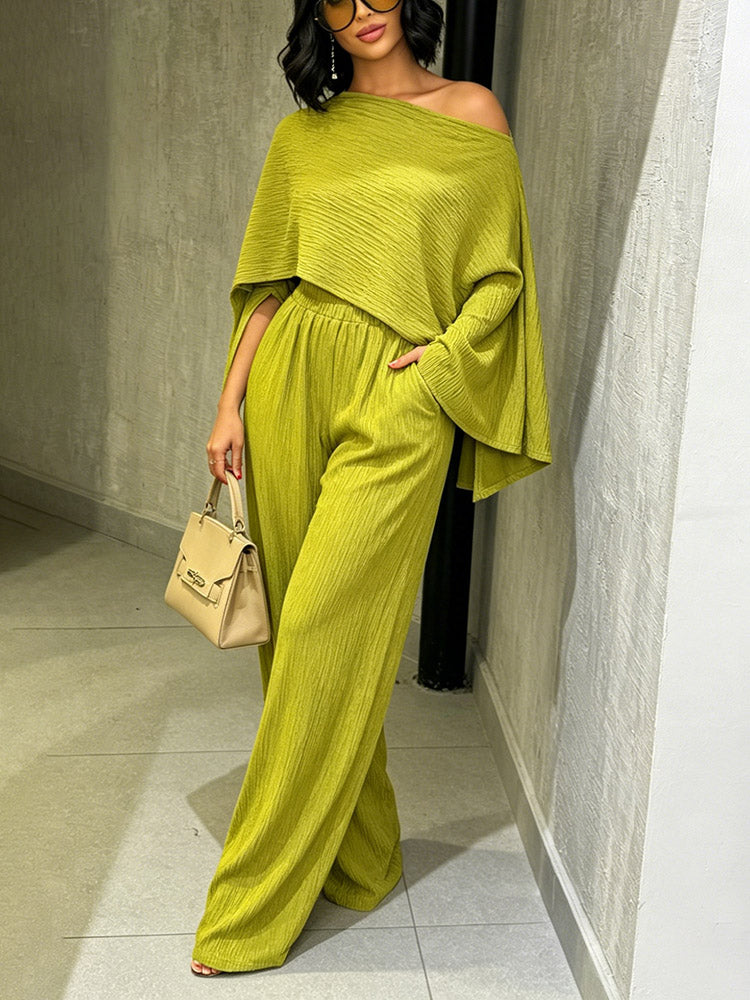 Plissé Asymmetric Top & Wide Pants Set