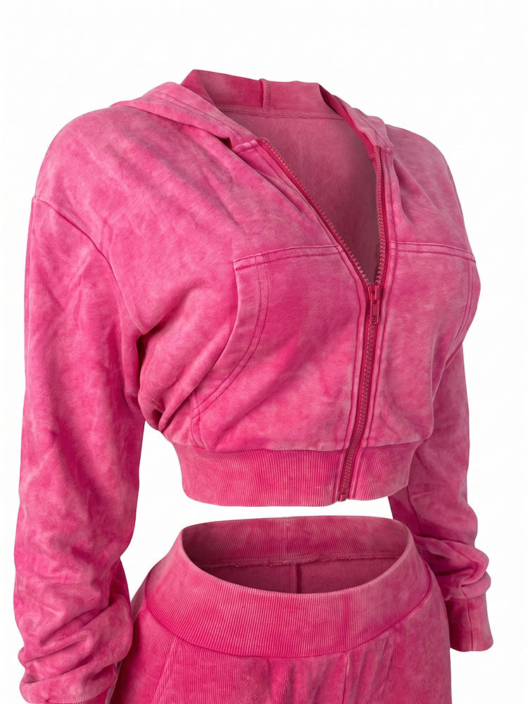Acid Wash Cropped Jacket & Capri Leggings Set