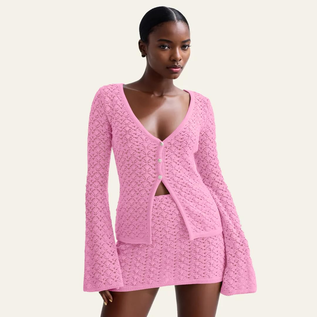 Crochet Knit Top Skirt Set