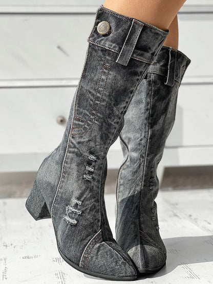 Chunky Heel Denim Boots - ECHOINE