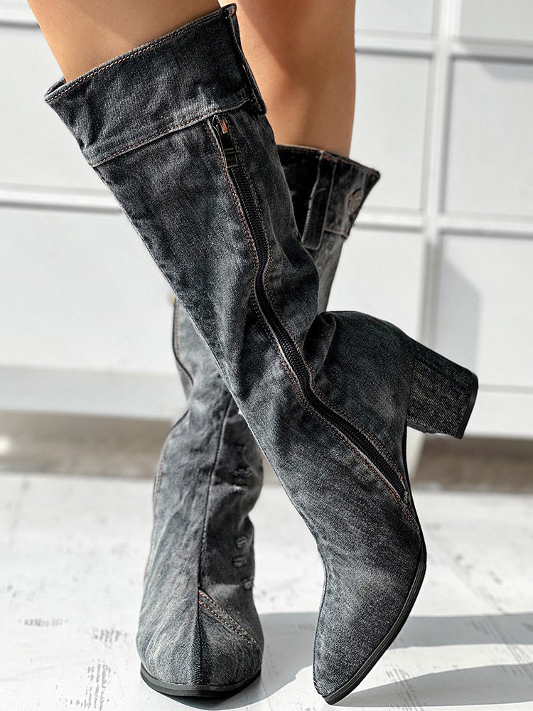 Chunky Heel Denim Boots - ECHOINE