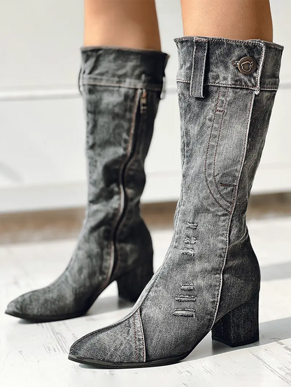 Chunky Heel Denim Boots - ECHOINE