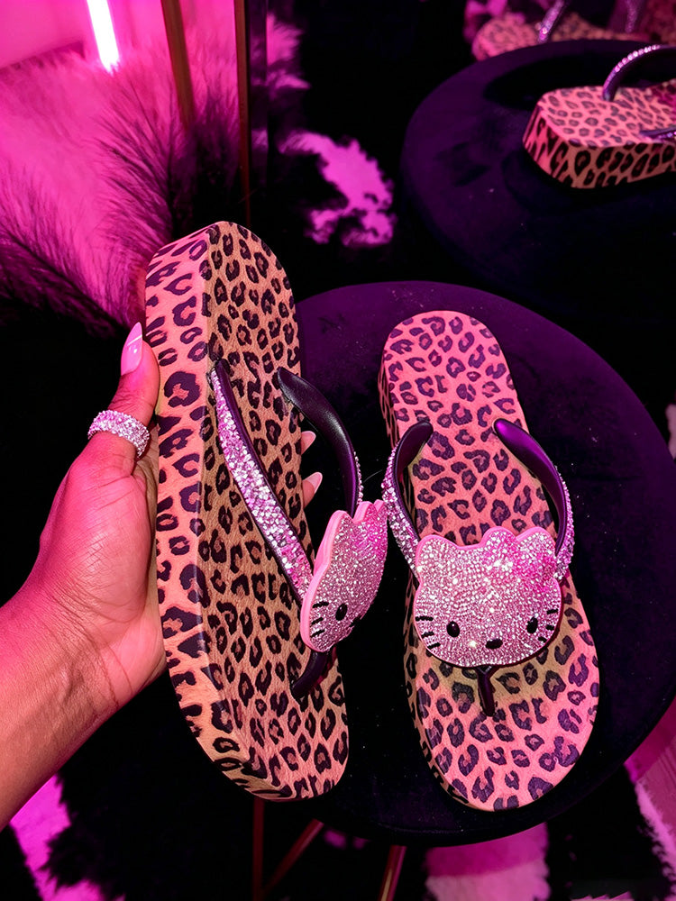 Leopard Rhinestone Platform Flip Flops