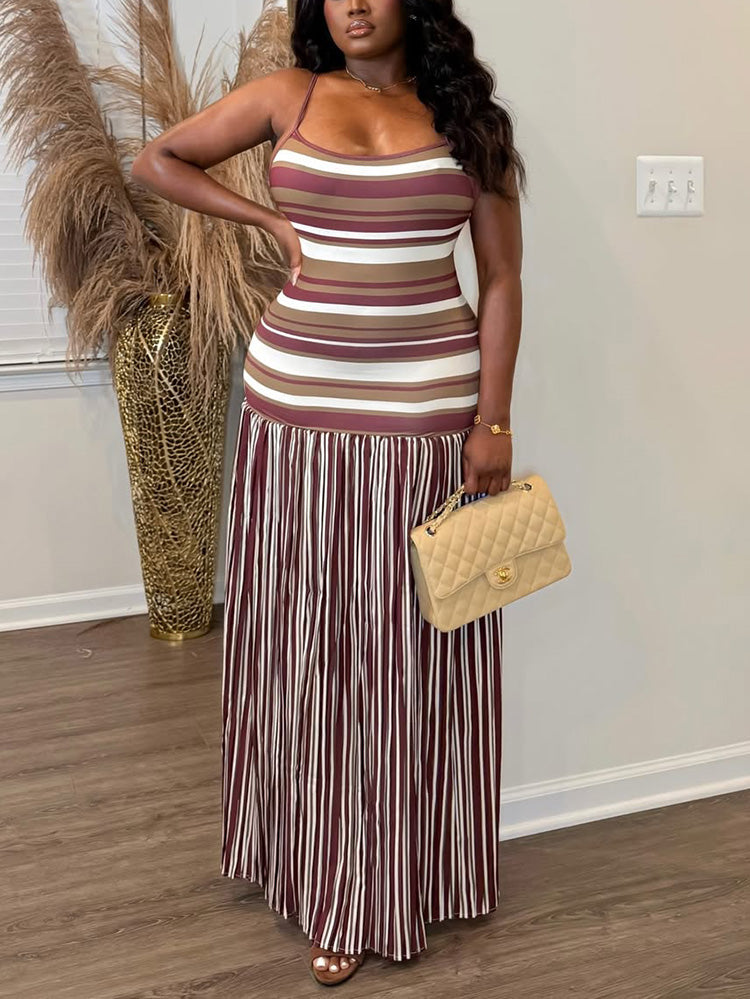 Striped Contrast Pleated Maxi Dress