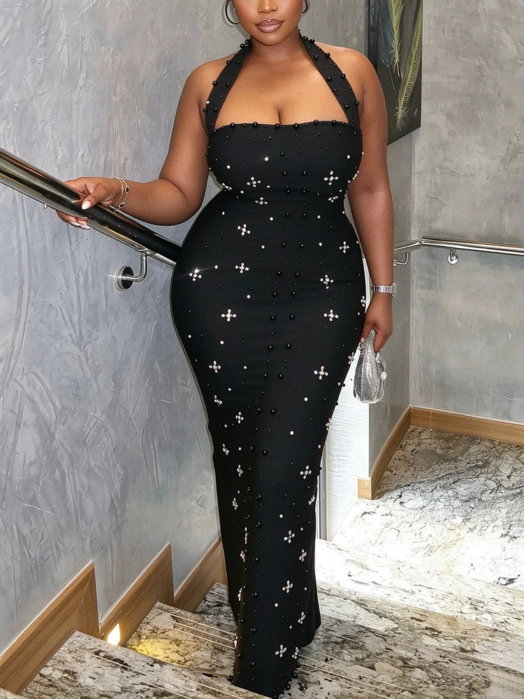 Pearl Embellished Halter Maxi Dress