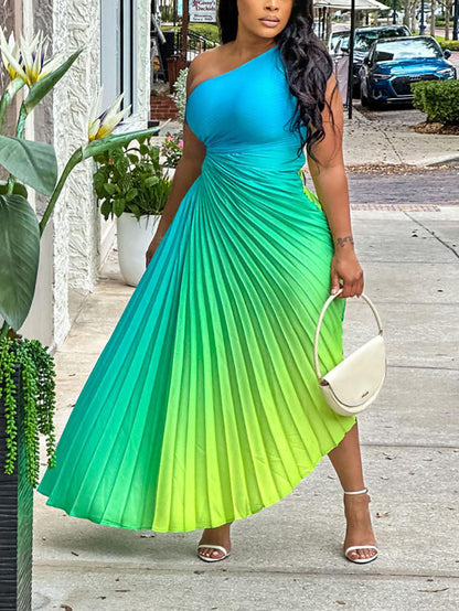 Ombre One Shoulder Pleated Dress - ECHOINE