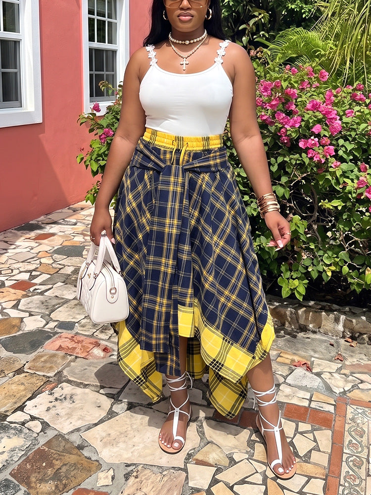 Contrast Plaid Asymmetric Skirt
