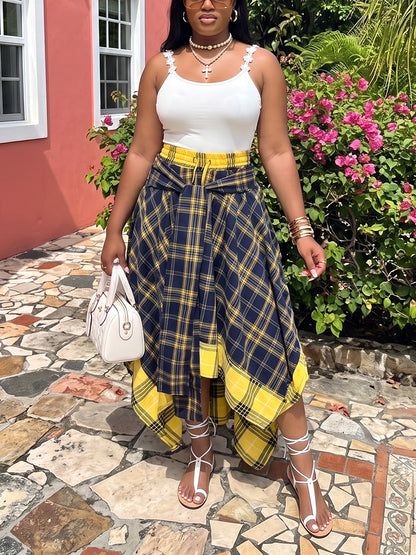 Contrast Plaid Asymmetric Skirt
