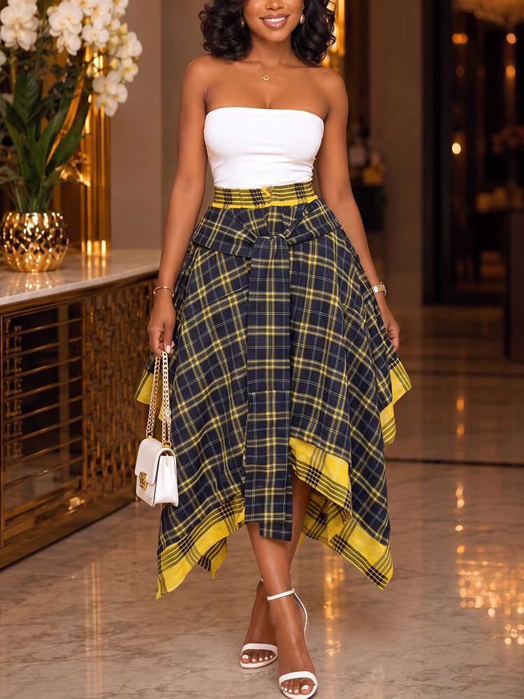 Contrast Plaid Asymmetric Skirt