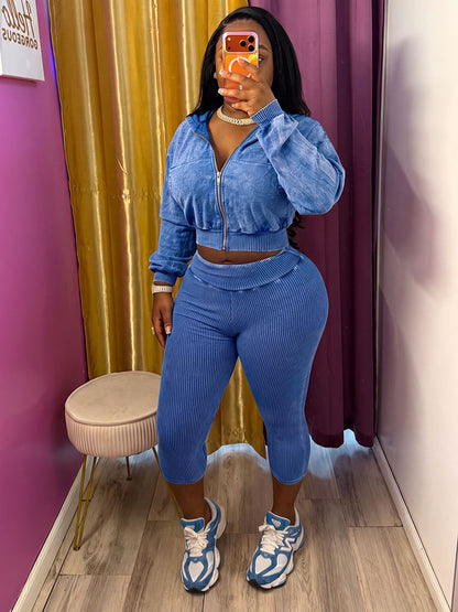 Acid Wash Cropped Jacket & Capri Leggings Set