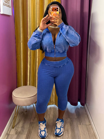 Acid Wash Cropped Jacket & Capri Leggings Set